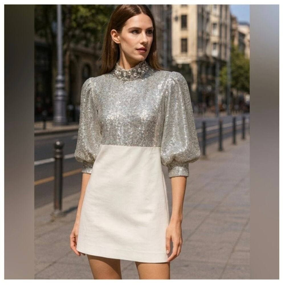 New Boston Proper silver white sequined jewelled mini cocktail dress size 6